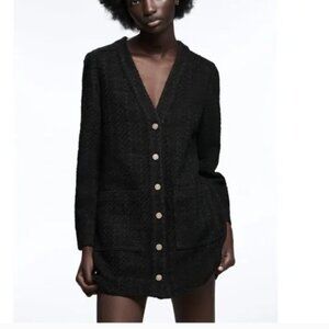 NWT textured weave (tweed look) black, button down,v-neck Zara dress